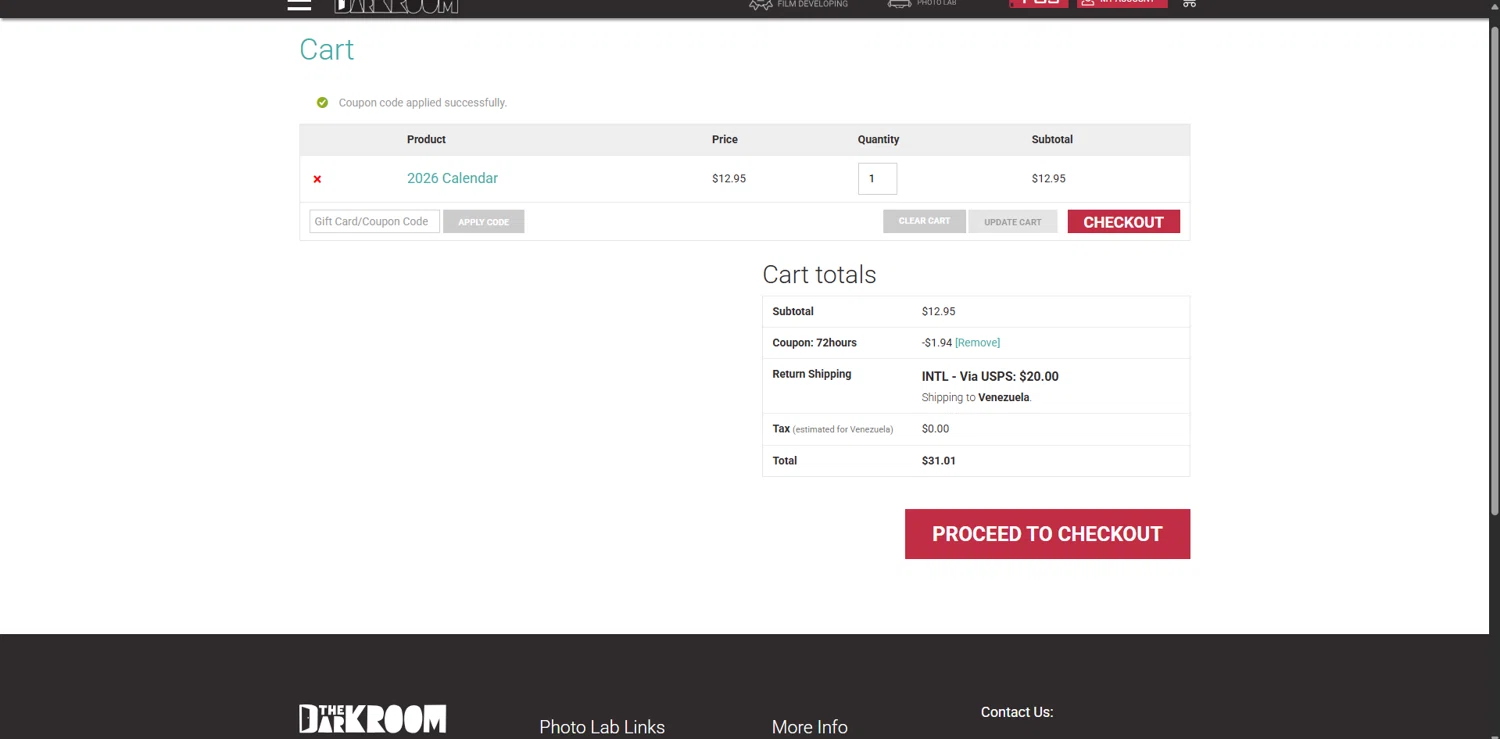 The Darkroom coupon code screenshot showing code 72HOURS applied at The Darkroom checkout page. Uploaded by SimplyCodes community member ScanWarden1089 on Nov 29, 2025