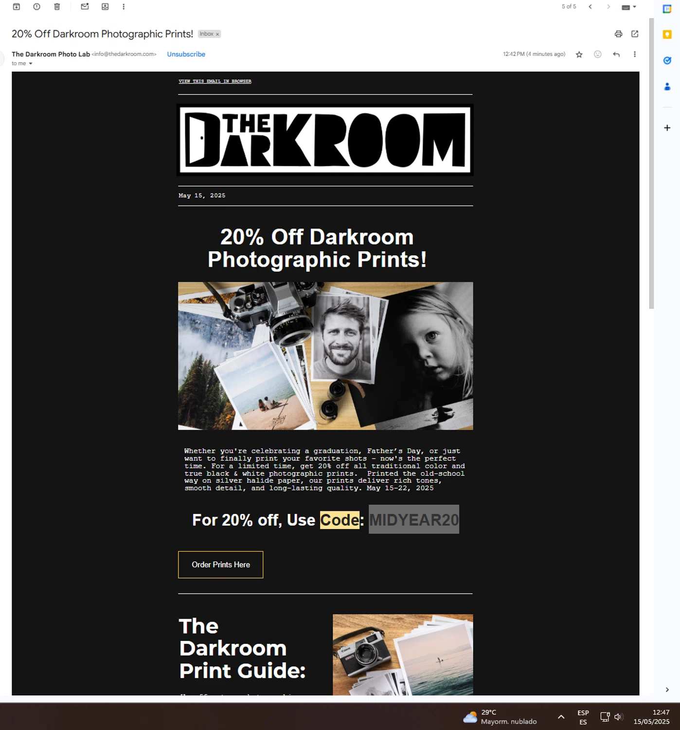 The Darkroom coupon code screenshot showing code MIDYEAR20 applied at The Darkroom checkout page. Uploaded by SimplyCodes community member UnkNownVnzla on May 15, 2025