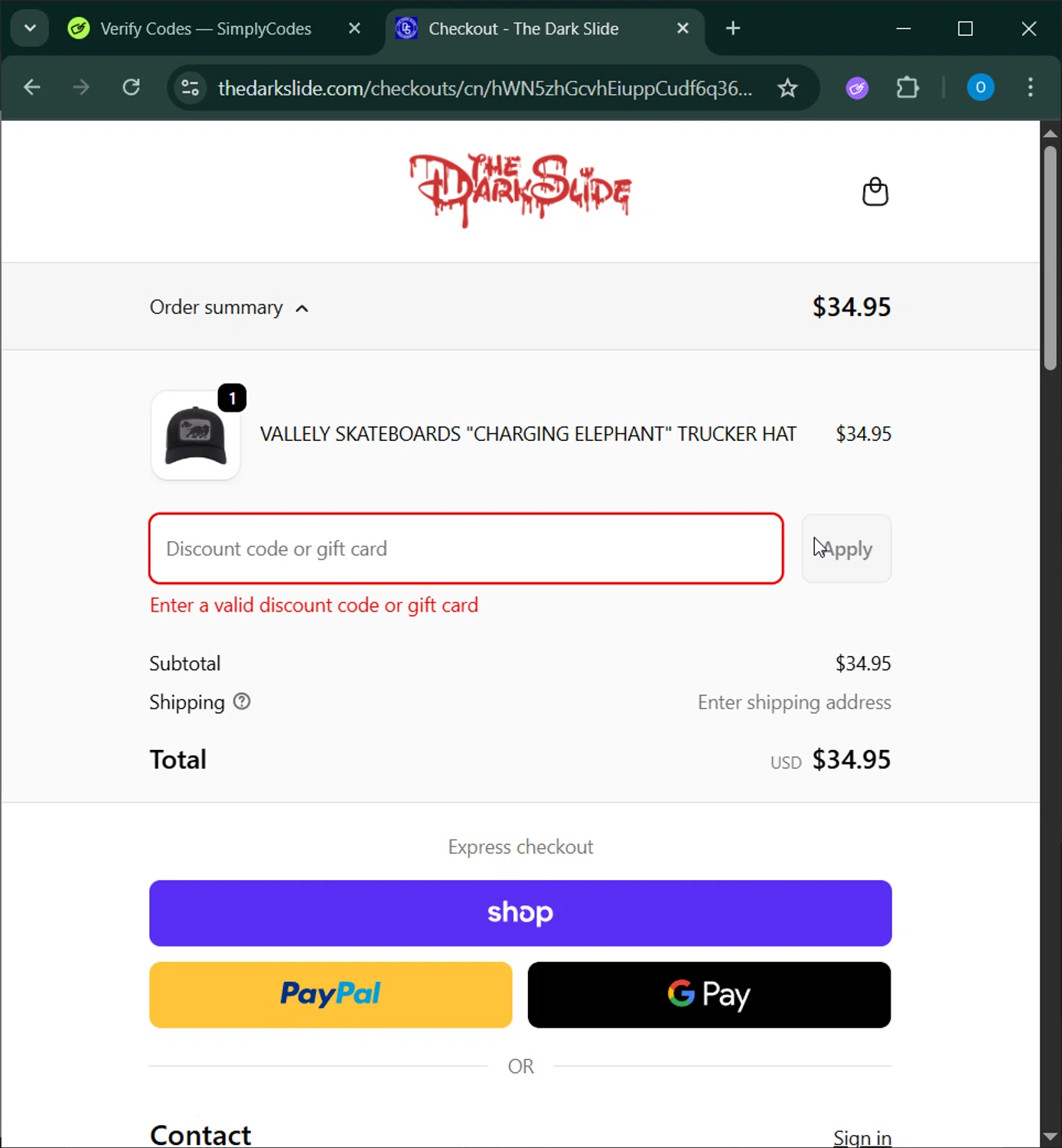 The Dark Slide discount code screenshot showing code SAVE10NOV applied at The Dark Slide checkout page. Uploaded by SimplyCodes community member RoyalSage9159 on Dec 3, 2025