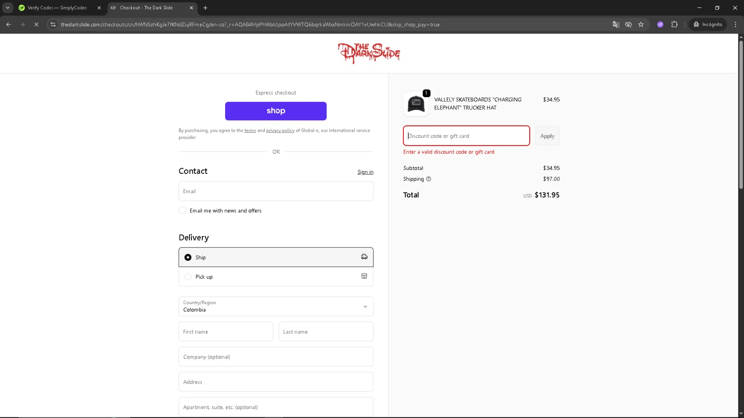 The Dark Slide discount code screenshot showing code SAVE10NOV applied at The Dark Slide checkout page. Uploaded by SimplyCodes community member TOROREX250 on Dec 3, 2025