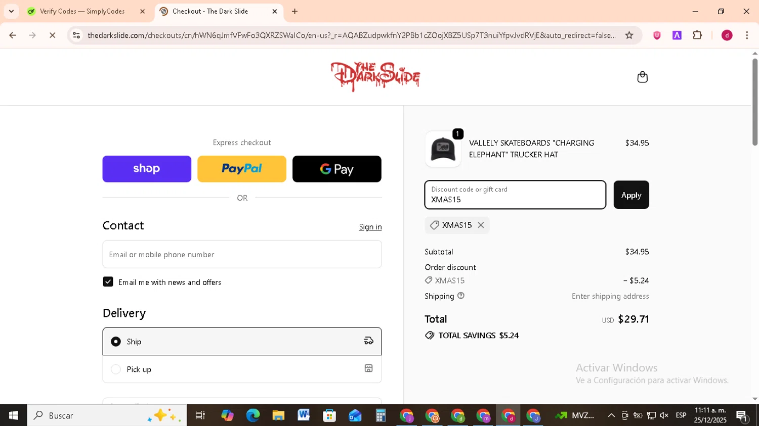 The Dark Slide discount code screenshot showing code XMAS15 applied at The Dark Slide checkout page. Uploaded by SimplyCodes community member FrugalMonarch7277 on Dec 25, 2025