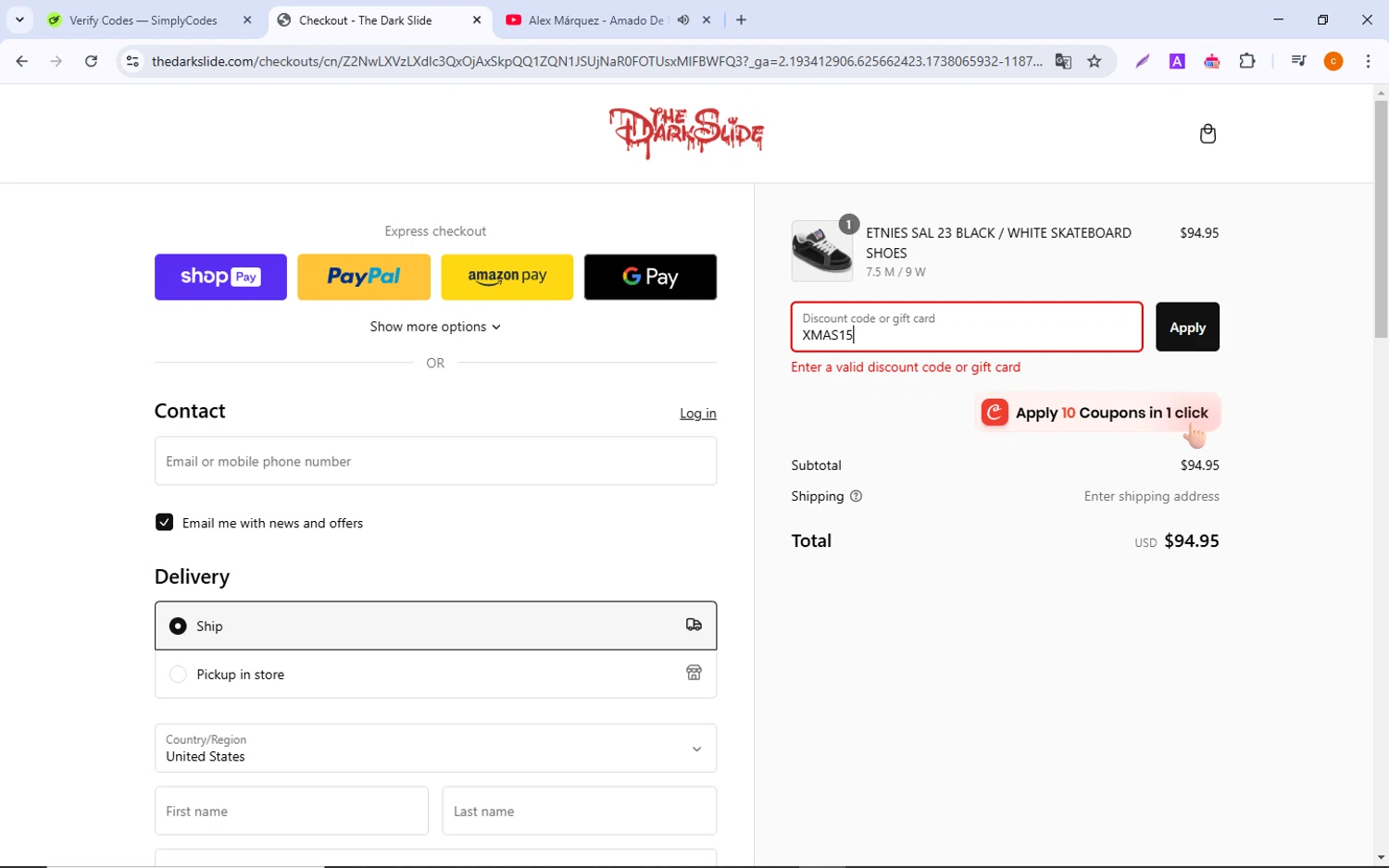 The Dark Slide discount code screenshot showing code XMAS15 applied at The Dark Slide checkout page. Uploaded by SimplyCodes community member ShrewdCaptain9911 on Jan 28, 2025