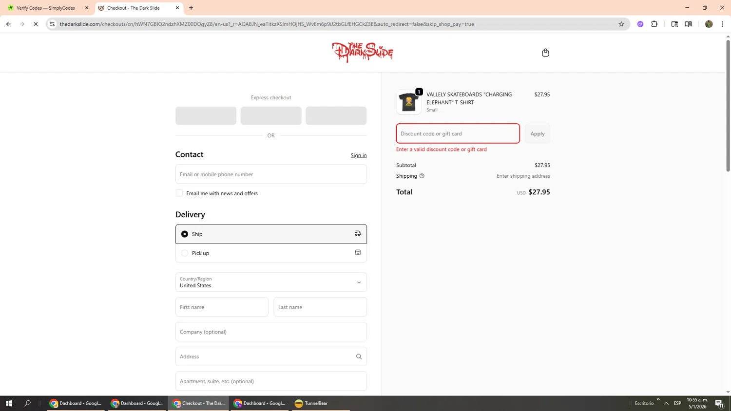 The Dark Slide discount code screenshot showing code NYE18 applied at The Dark Slide checkout page. Uploaded by SimplyCodes community member Phoenix585 on Jan 5, 2026
