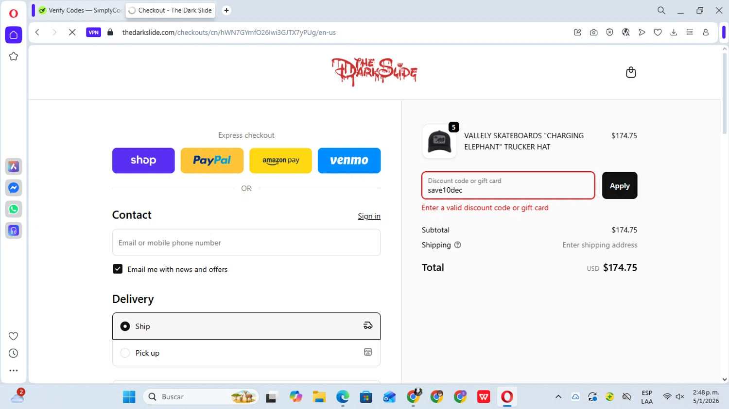 The Dark Slide discount code screenshot showing code save10dec applied at The Dark Slide checkout page. Uploaded by SimplyCodes community member YunoMaria on Jan 5, 2026