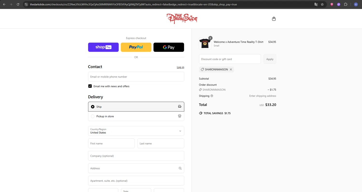 The Dark Slide discount code screenshot showing code SHARONNMAISON applied at The Dark Slide checkout page. Uploaded by SimplyCodes community member DealPioneer9231 on Jun 24, 2025