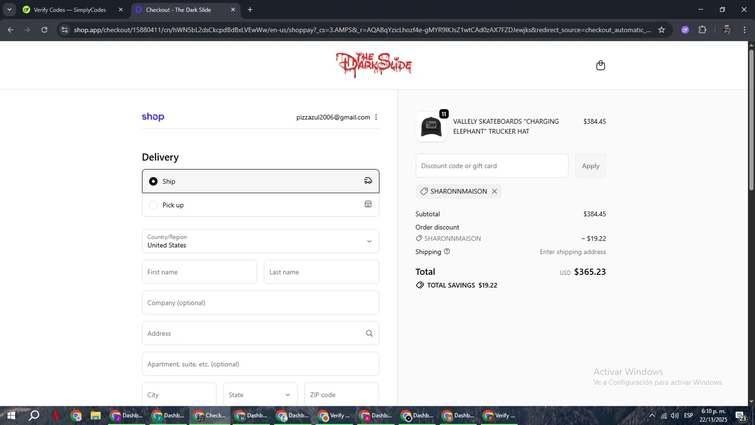 The Dark Slide discount code screenshot showing code SHARONNMAISON applied at The Dark Slide checkout page. Uploaded by SimplyCodes community member xxdddd on Nov 22, 2025