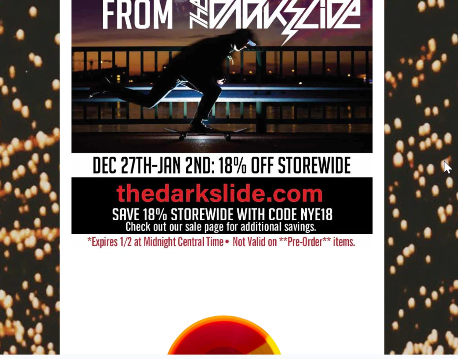 The Dark Slide discount code screenshot showing code nye18 applied at The Dark Slide checkout page. Uploaded by SimplyCodes community member Logoteam on Dec 29, 2025