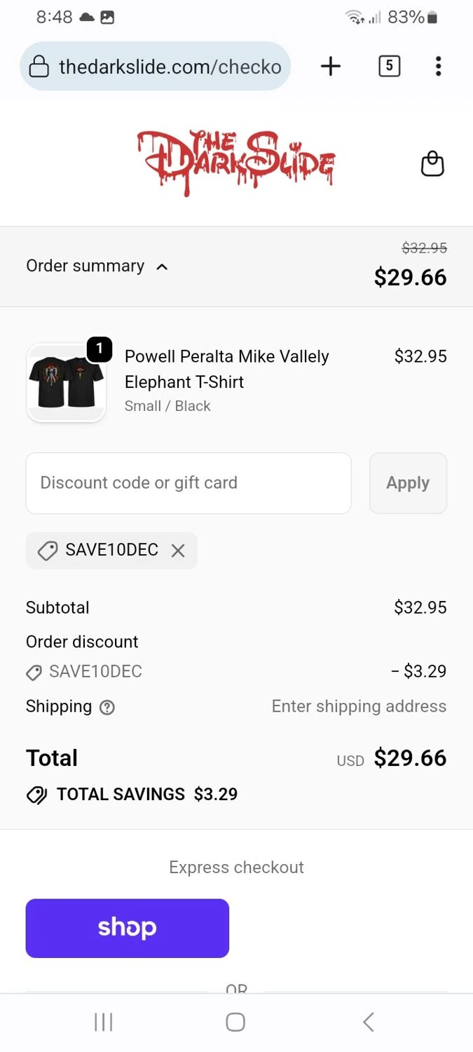 The Dark Slide discount code screenshot showing code SAVE10DEC applied at The Dark Slide checkout page. Uploaded by SimplyCodes community member ScanMaverick9378 on Dec 8, 2025