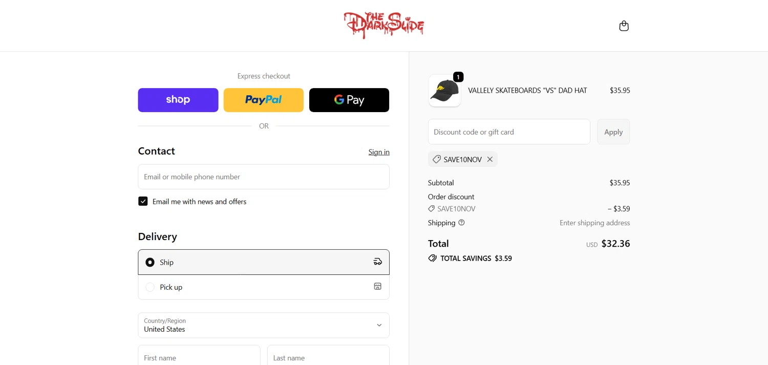 The Dark Slide discount code screenshot showing code SAVE10NOV applied at The Dark Slide checkout page. Uploaded by SimplyCodes community member marielysmorales on Dec 8, 2025