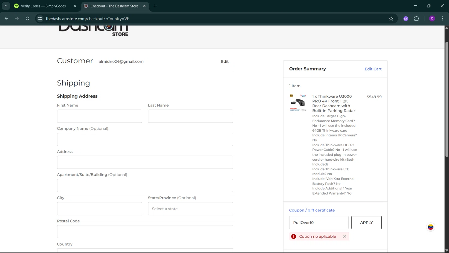 The Dashcam Store promo code screenshot showing code PullOver10 applied at The Dashcam Store checkout page. Uploaded by SimplyCodes community member GoldSeeker3096 on Jan 31, 2026
