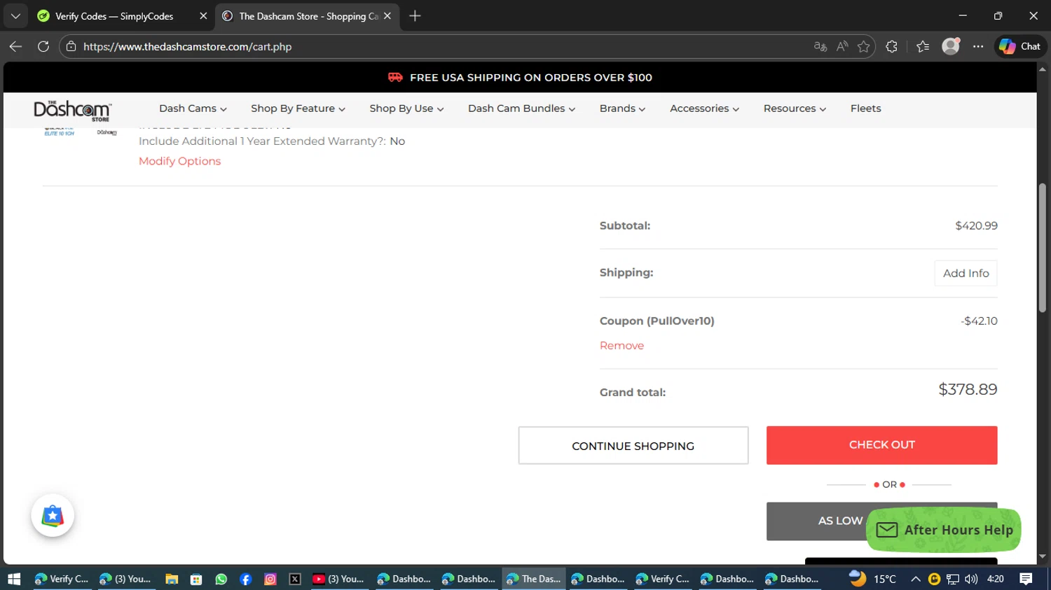The Dashcam Store promo code screenshot showing code PullOver10 applied at The Dashcam Store checkout page. Uploaded by SimplyCodes community member Kaizen on Jan 31, 2026