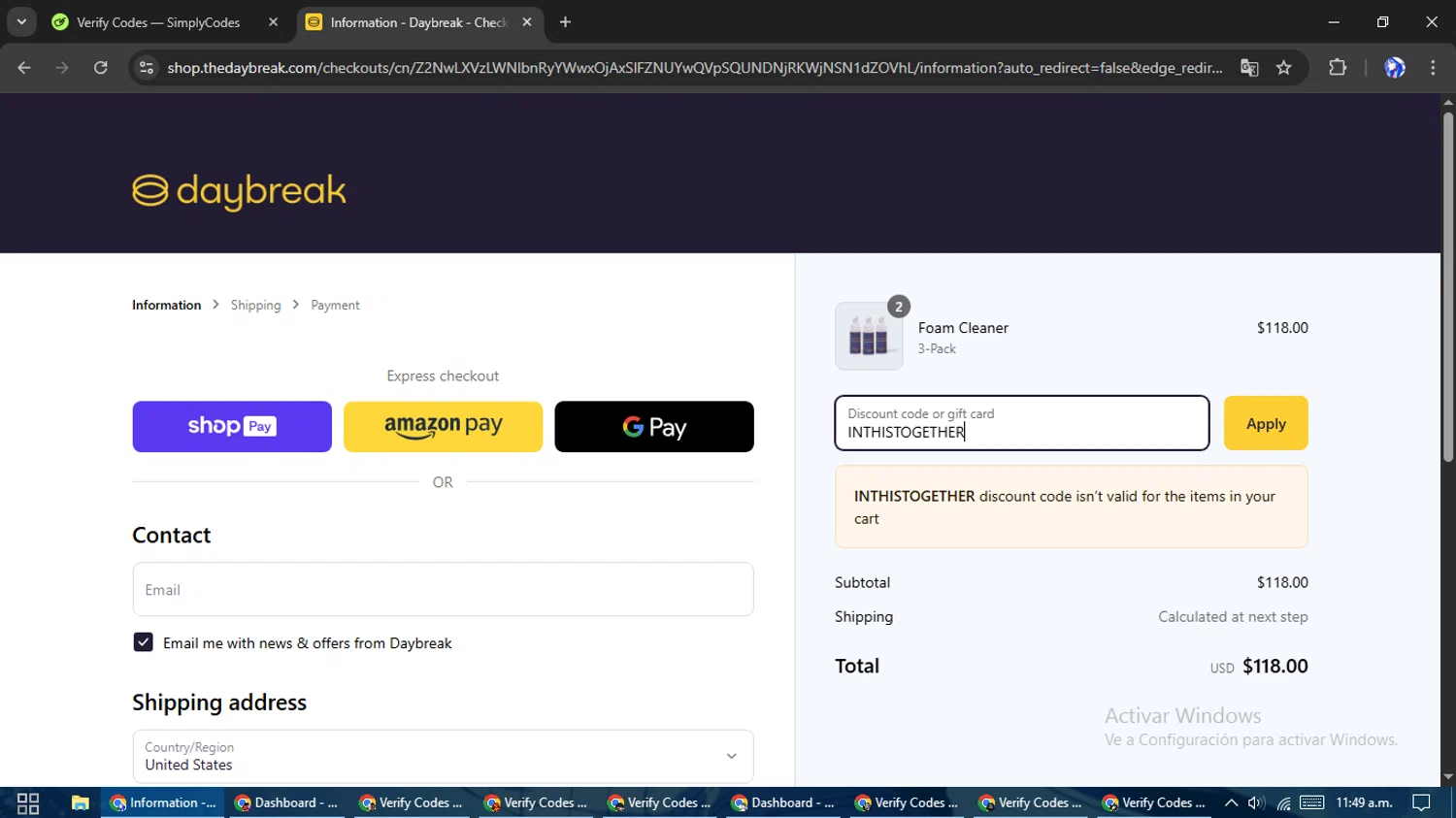 The Daybreak promo code screenshot showing code INTHISTOGETHER applied at The Daybreak checkout page. Uploaded by SimplyCodes community member WiseHunter8213 on Apr 3, 2025