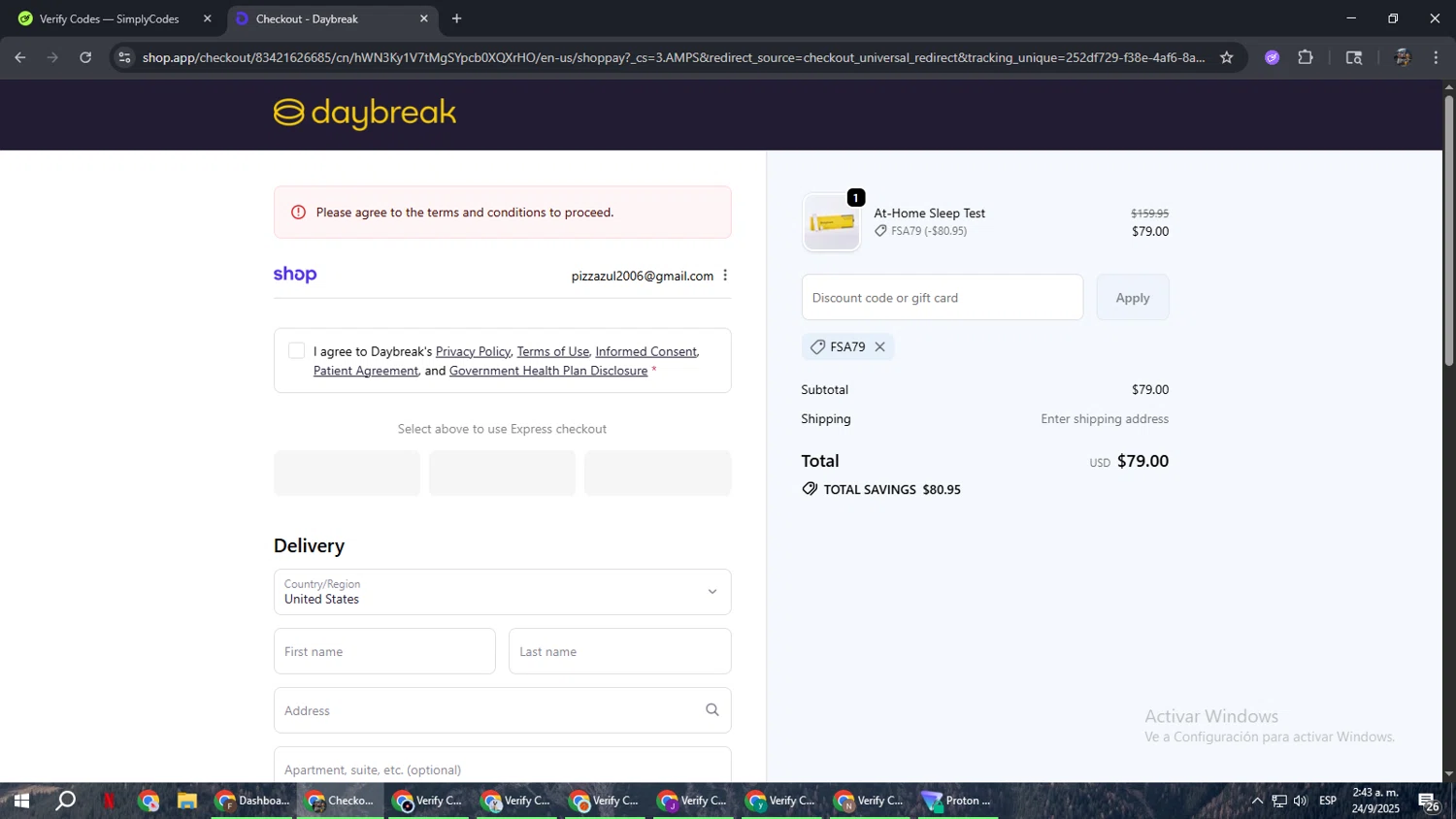 The Daybreak promo code screenshot showing code FSA79 applied at The Daybreak checkout page. Uploaded by SimplyCodes community member xxdddd on Sep 24, 2025
