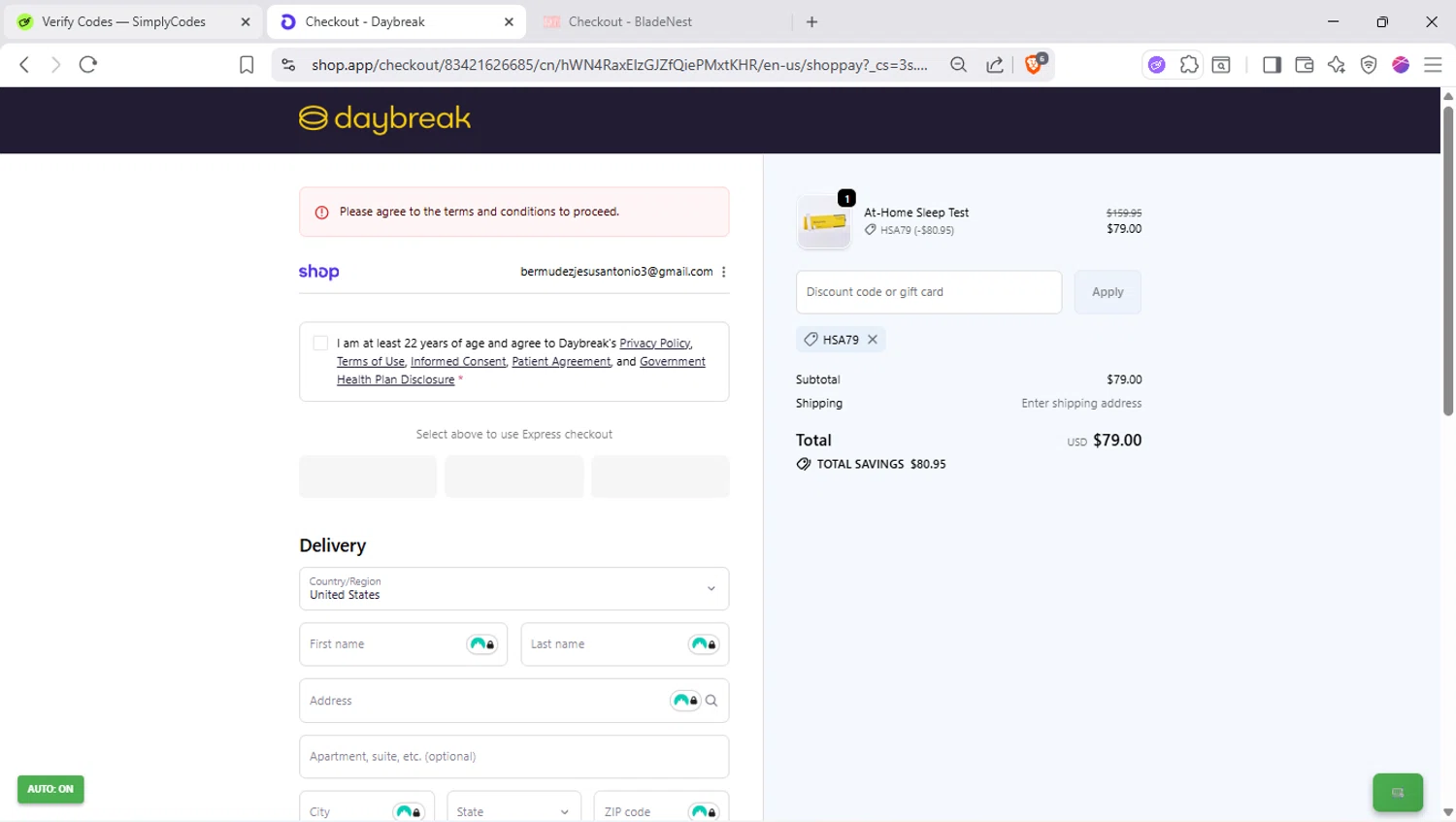The Daybreak promo code screenshot showing code HSA79 applied at The Daybreak checkout page. Uploaded by SimplyCodes community member SapeGato on Oct 23, 2025
