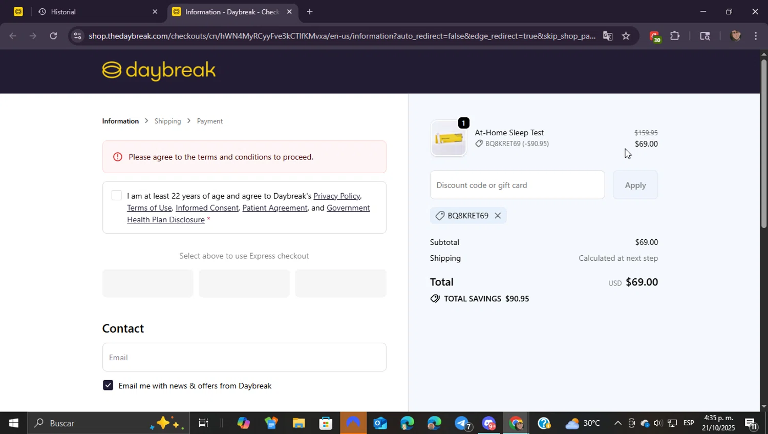 The Daybreak promo code screenshot showing code BQ8KRET69 applied at The Daybreak checkout page. Uploaded by SimplyCodes community member ShieldEagle9436 on Oct 21, 2025