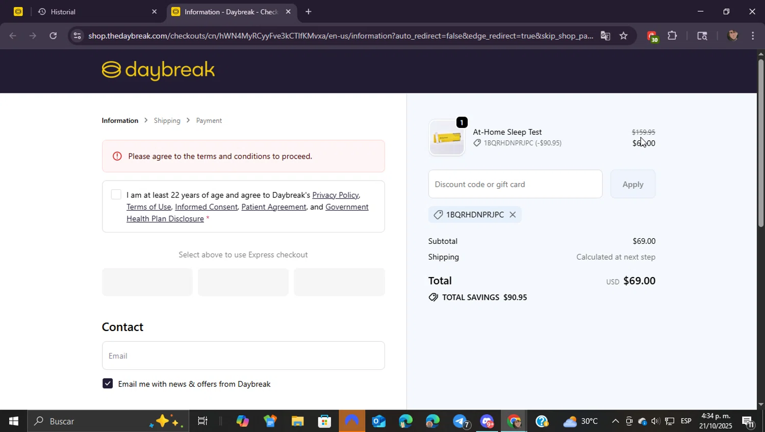The Daybreak promo code screenshot showing code 1BQRHDNPRJPC applied at The Daybreak checkout page. Uploaded by SimplyCodes community member ShieldEagle9436 on Oct 21, 2025
