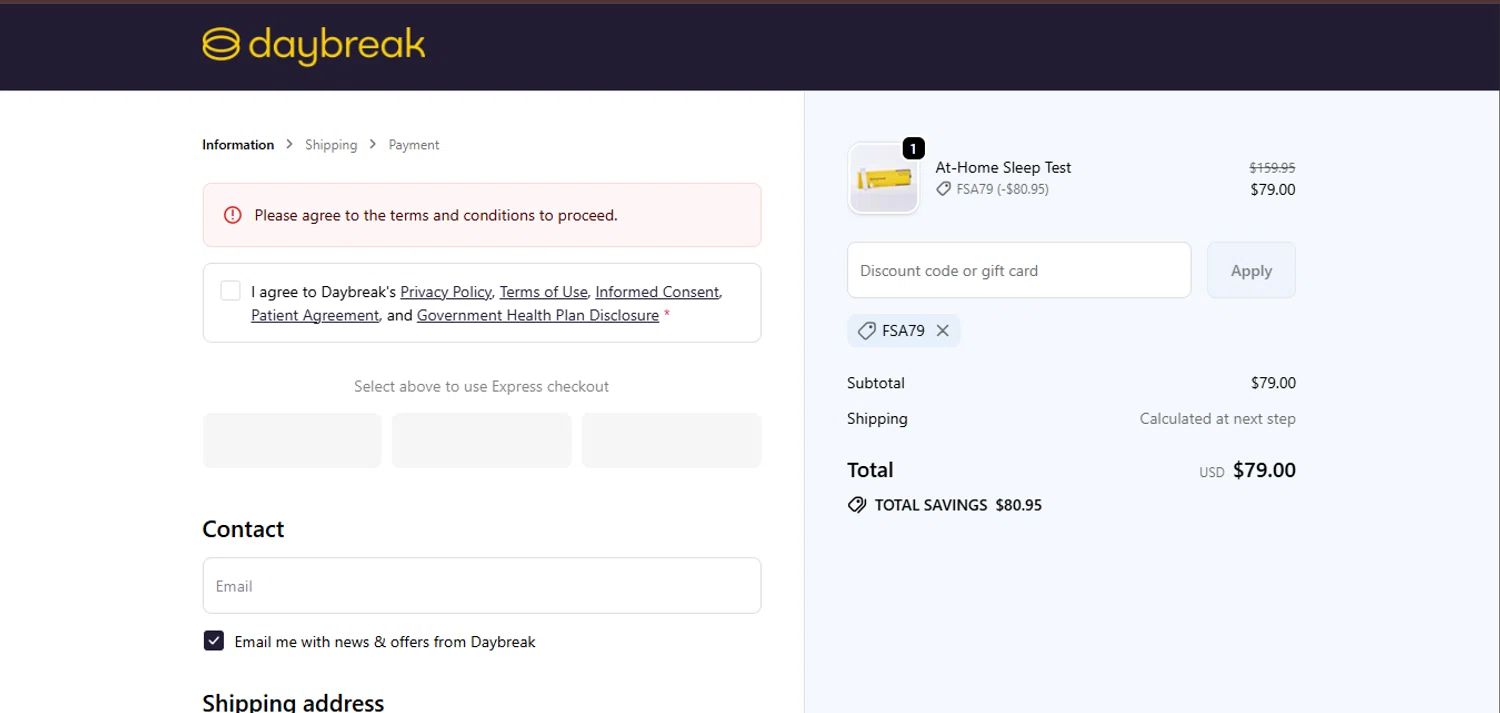 The Daybreak promo code screenshot showing code FSA79 applied at The Daybreak checkout page. Uploaded by SimplyCodes community member juanisaac on Sep 22, 2025