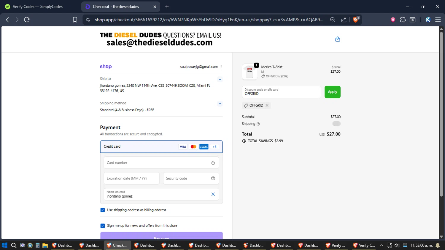 The Diesel Dudes promo code screenshot showing code OFFGRID applied at The Diesel Dudes checkout page. Uploaded by SimplyCodes community member Jgomez on Jan 8, 2026