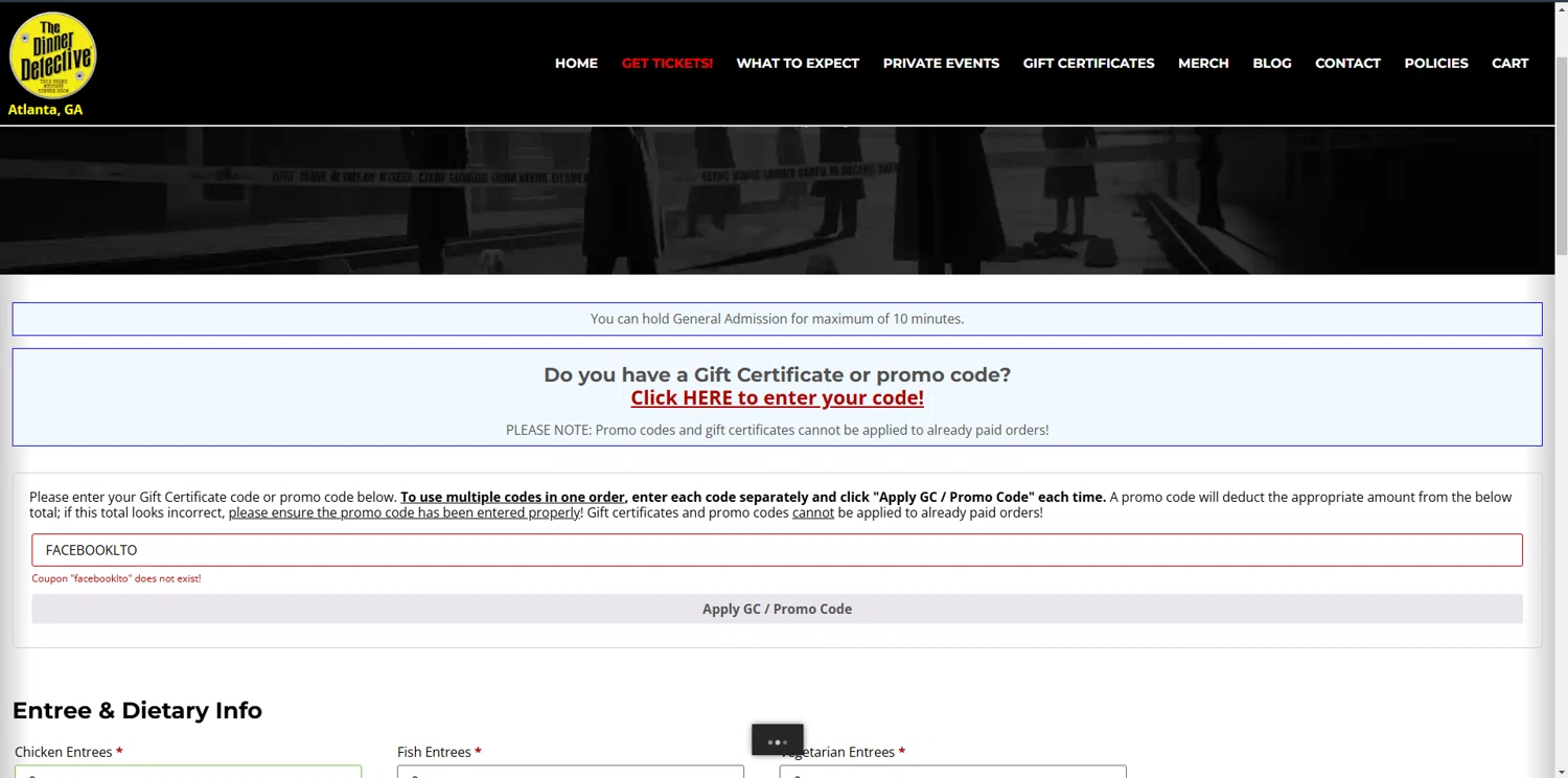 The Dinner Detective promo code screenshot showing code FACEBOOKLTO applied at The Dinner Detective checkout page. Uploaded by SimplyCodes community member CleverOwl912 on Feb 2, 2025