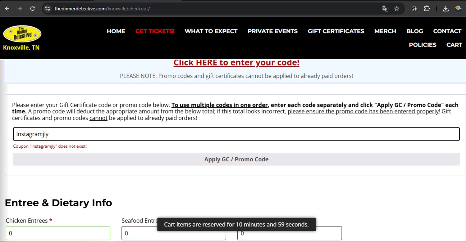 The Dinner Detective promo code screenshot showing code Instagramjly applied at The Dinner Detective checkout page. Uploaded by SimplyCodes community member RoyalSpotter5217 on Mar 12, 2025