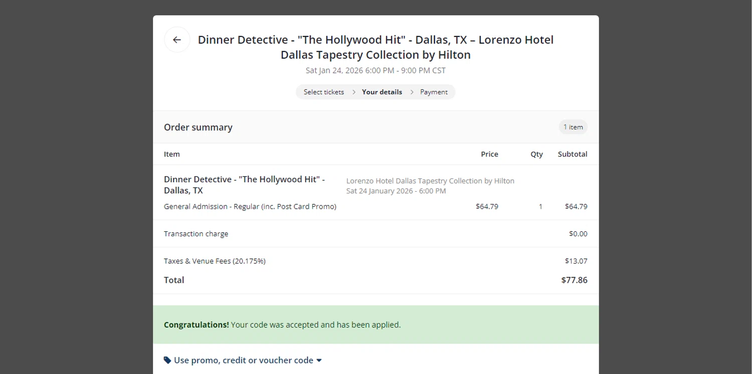 The Dinner Detective checkout page showing The Dinner Detective promo code box | Screenshot taken by SimplyCodes community member on Jan 1, 2026