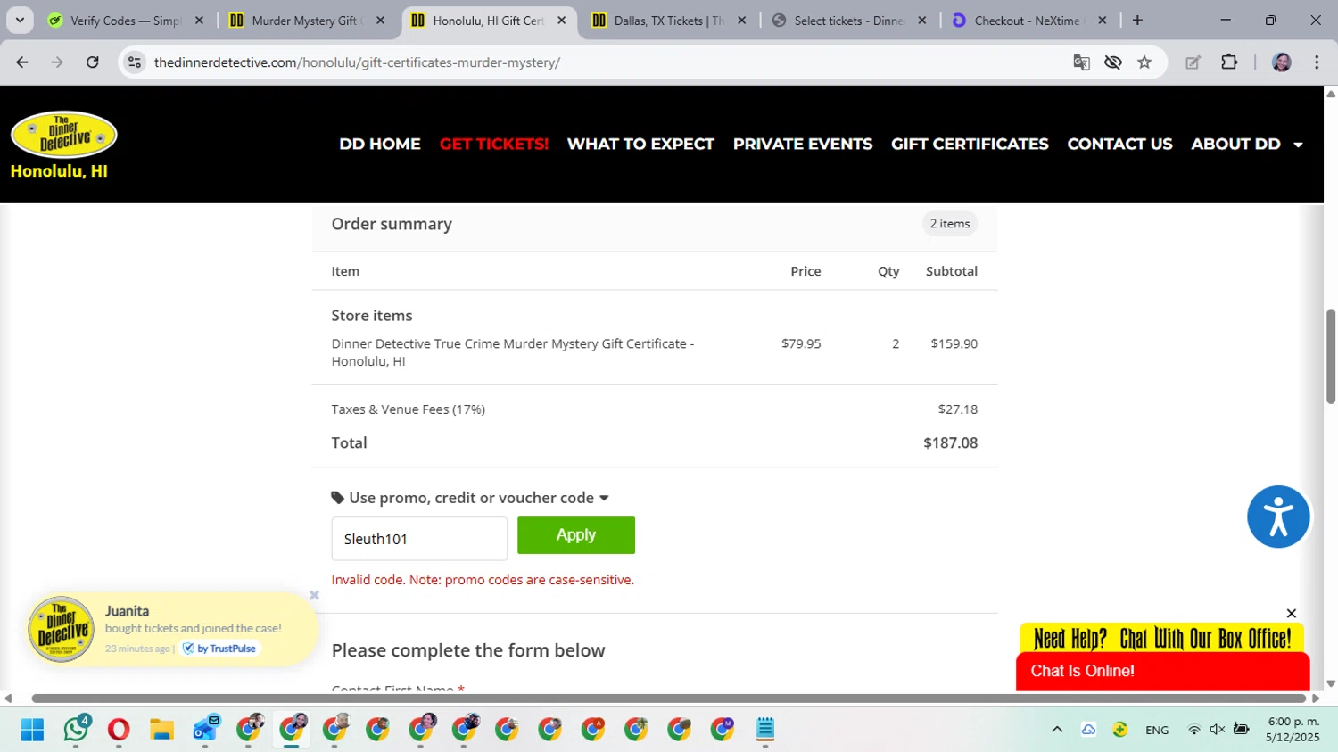 The Dinner Detective checkout page showing The Dinner Detective promo code box | Screenshot taken by SimplyCodes community member on Dec 5, 2025
