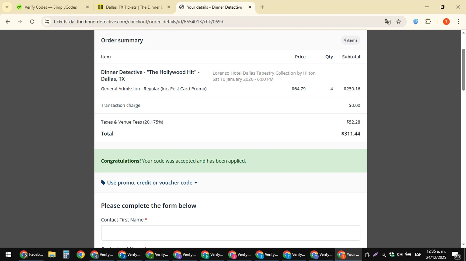 The Dinner Detective promo code screenshot showing code Sleuth101 applied at The Dinner Detective checkout page. Uploaded by SimplyCodes community member ShrewdAce8338 on Dec 24, 2025