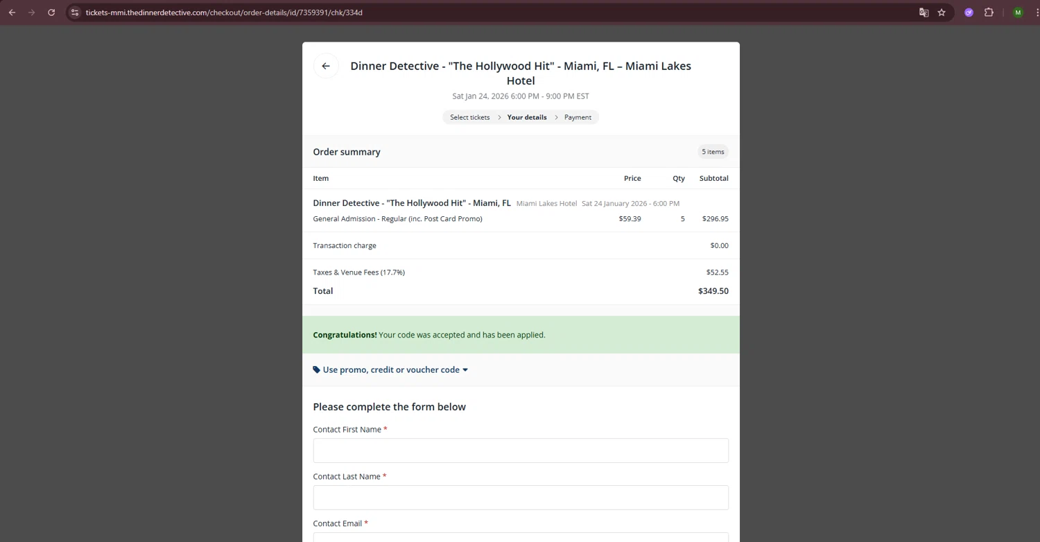 The Dinner Detective checkout page showing The Dinner Detective promo code box | Screenshot taken by SimplyCodes community member on Jan 5, 2026