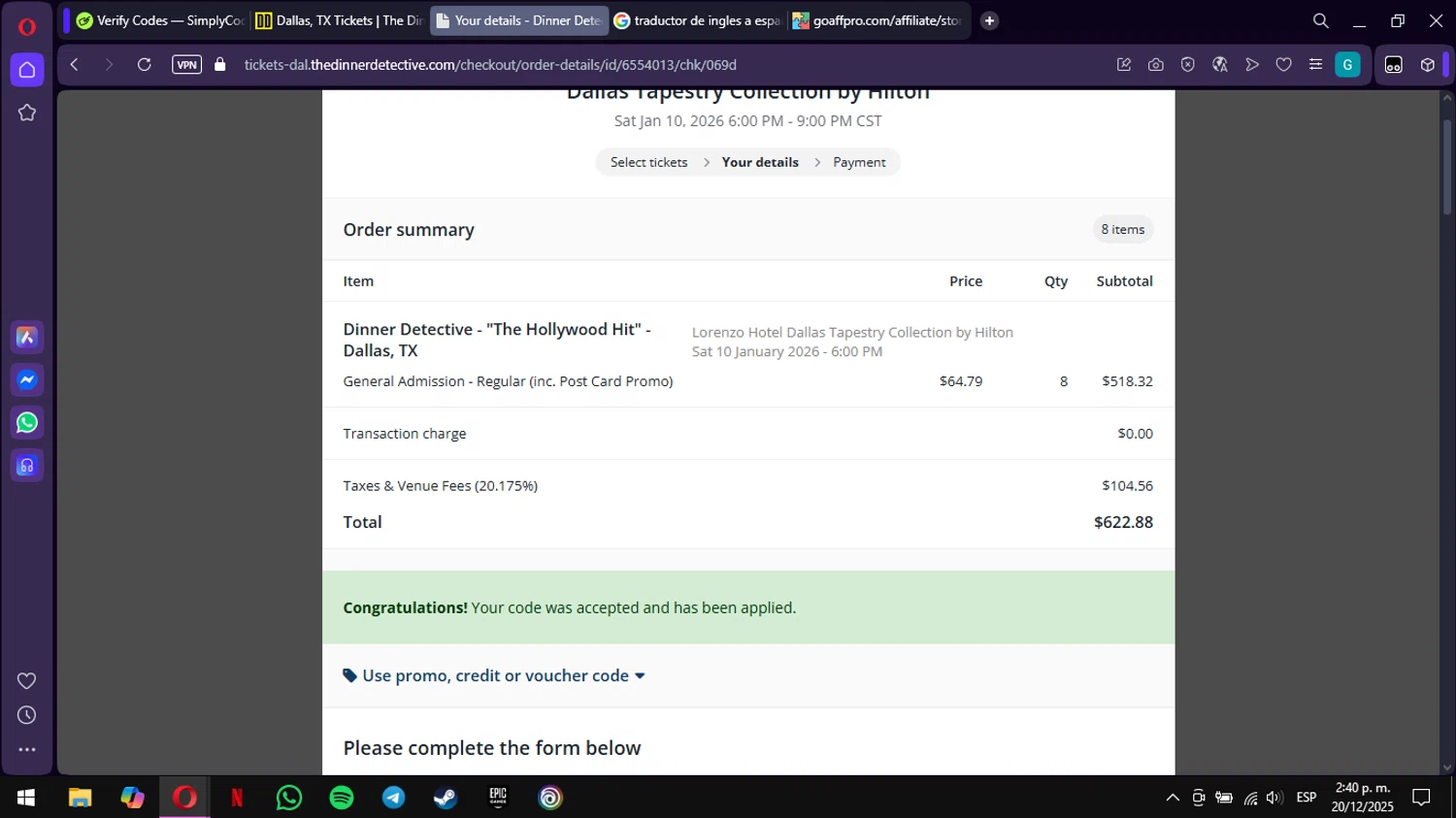 The Dinner Detective promo code screenshot showing code Sleuth101 applied at The Dinner Detective checkout page. Uploaded by SimplyCodes community member ValiantWarden3907 on Dec 20, 2025