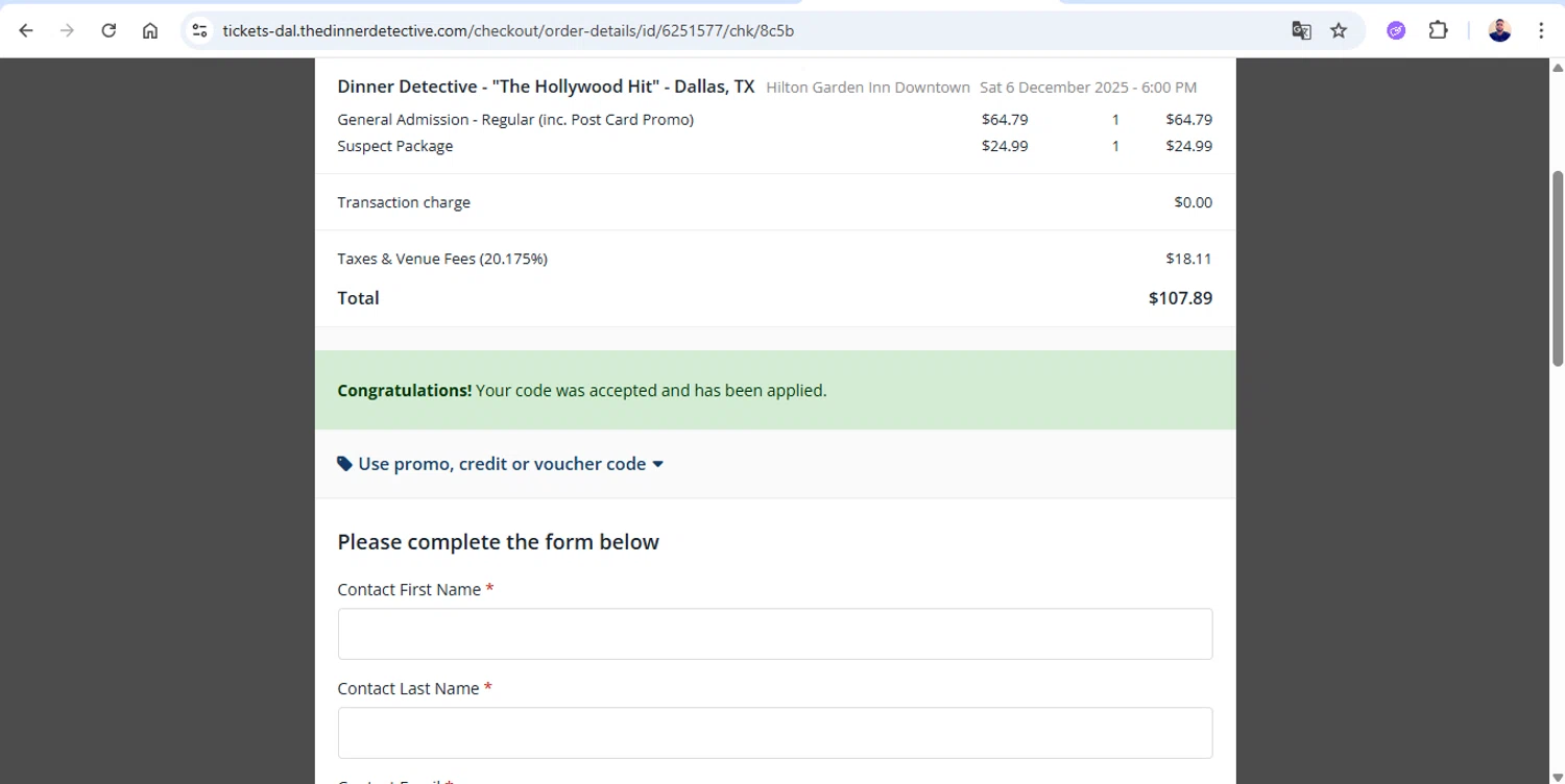 The Dinner Detective checkout page showing The Dinner Detective promo code box | Screenshot taken by SimplyCodes community member on Nov 27, 2025