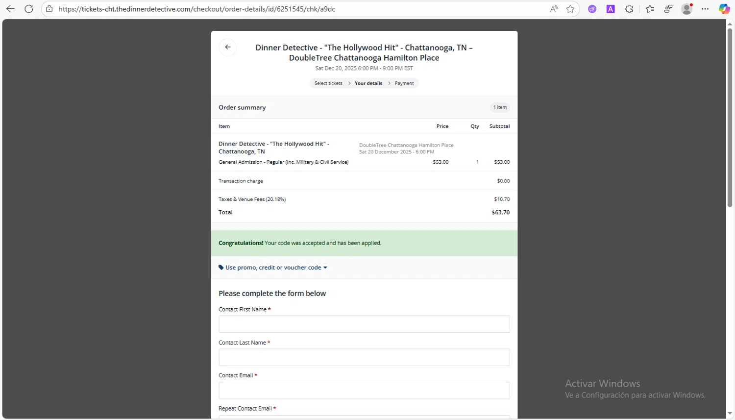The Dinner Detective promo code screenshot showing code GOUSA applied at The Dinner Detective checkout page. Uploaded by SimplyCodes community member VoucherWhiz9254 on Dec 2, 2025