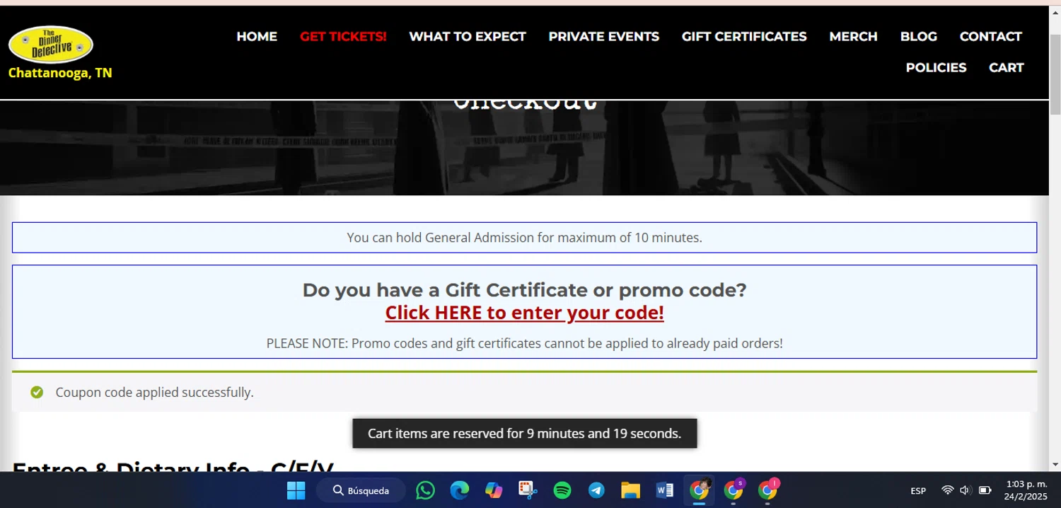 The Dinner Detective promo code screenshot showing code GOUSA applied at The Dinner Detective checkout page. Uploaded by SimplyCodes community member luisaballera on Feb 24, 2025