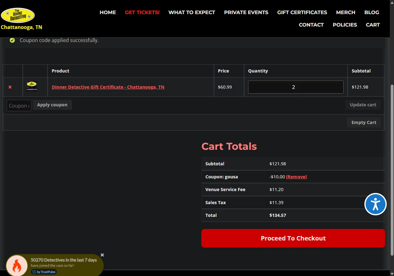 The Dinner Detective promo code screenshot showing code GOUSA applied at The Dinner Detective checkout page. Uploaded by SimplyCodes community member yunexxx on Mar 25, 2025