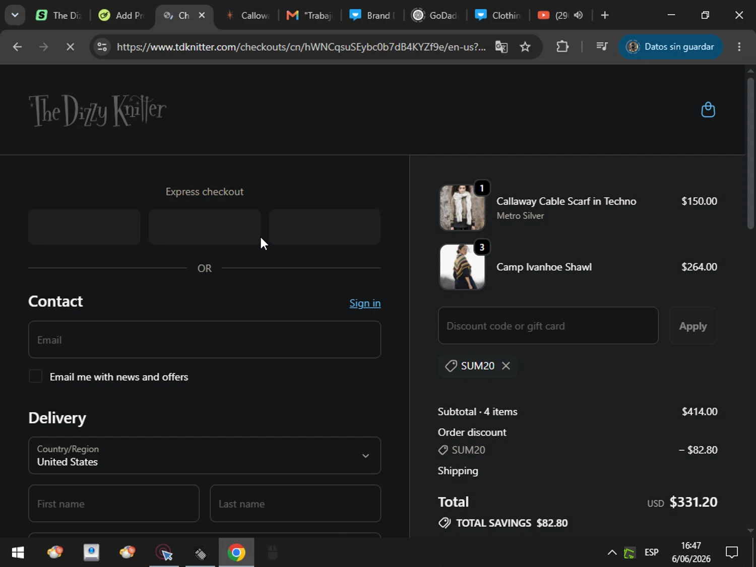 The Dizzy Knitter promo code screenshot showing code SU20 applied at The Dizzy Knitter checkout page. Uploaded by SimplyCodes community member MarcosAranguren on Jun 6, 2026