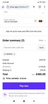 NOW25 coupon verification screenshot
