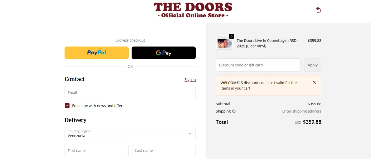 The Doors promo code screenshot showing code WELCOME15 applied at The Doors checkout page. Uploaded by SimplyCodes community member Halanweik on Dec 22, 2025
