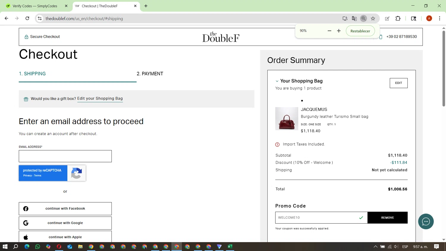 TheDoubleF promo code screenshot showing code WELCOME10 applied at TheDoubleF checkout page. Uploaded by SimplyCodes community member FundoKadmiel on Oct 1, 2025