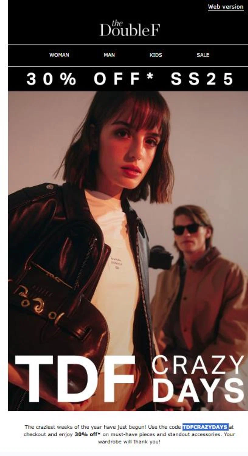 TheDoubleF promo code screenshot showing code TDFCRAZYDAYS applied at TheDoubleF checkout page. Uploaded by SimplyCodes community member stygian1 on Apr 23, 2025