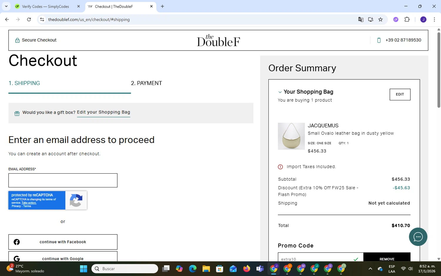 TheDoubleF promo code screenshot showing code extra10 applied at TheDoubleF checkout page. Uploaded by SimplyCodes community member ExtraordinaryWizard9697 on Jan 17, 2026