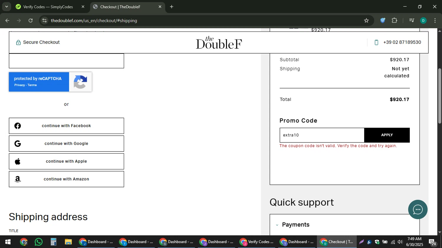 TheDoubleF promo code screenshot showing code extra10 applied at TheDoubleF checkout page. Uploaded by SimplyCodes community member ThriftyLion6776 on Jun 30, 2025