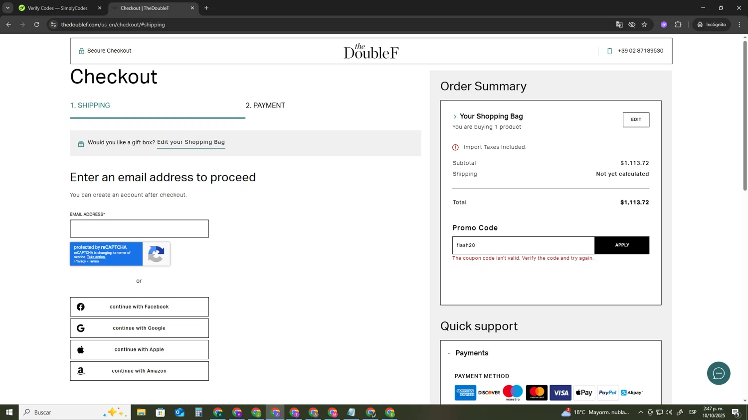 TheDoubleF promo code screenshot showing code flash20 applied at TheDoubleF checkout page. Uploaded by SimplyCodes community member SAKURA on Oct 10, 2025