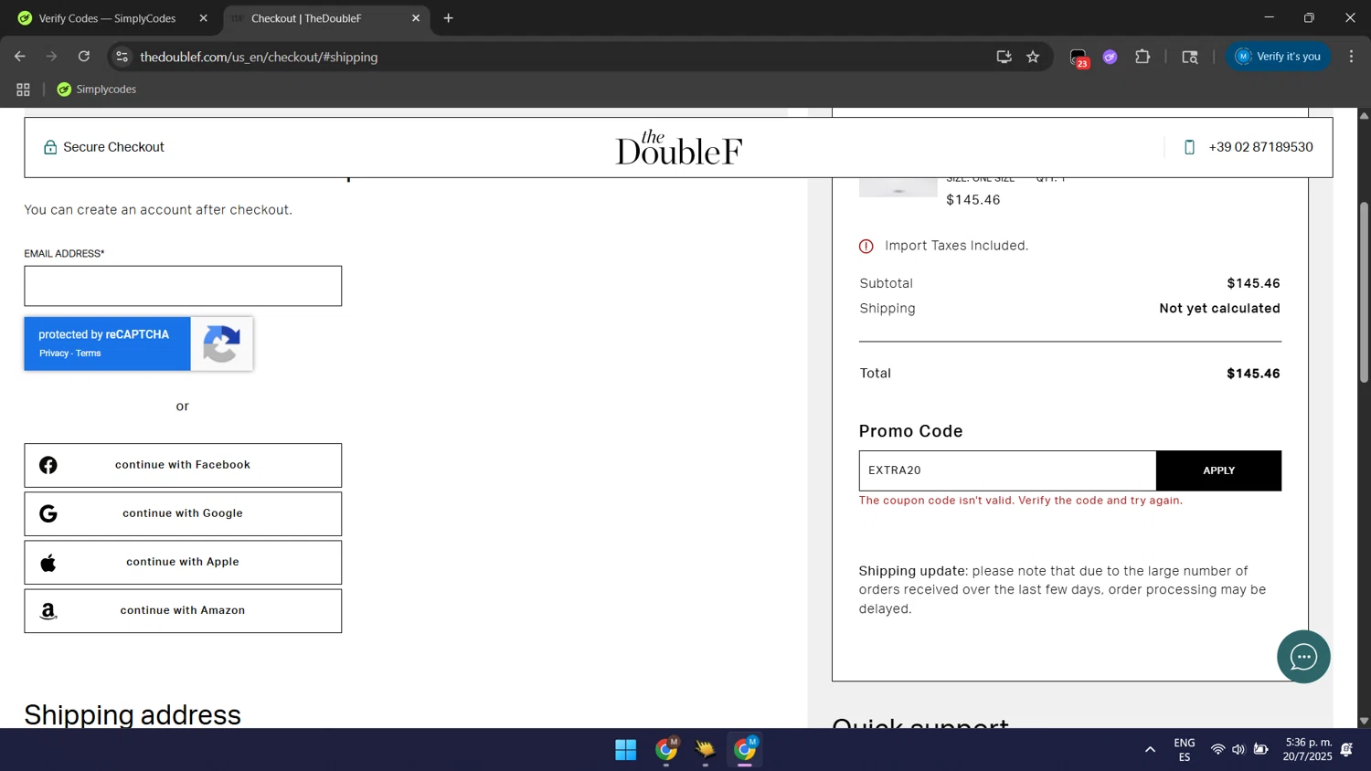 TheDoubleF promo code screenshot showing code EXTRA20 applied at TheDoubleF checkout page. Uploaded by SimplyCodes community member GloriousSaver4644 on Jul 20, 2025