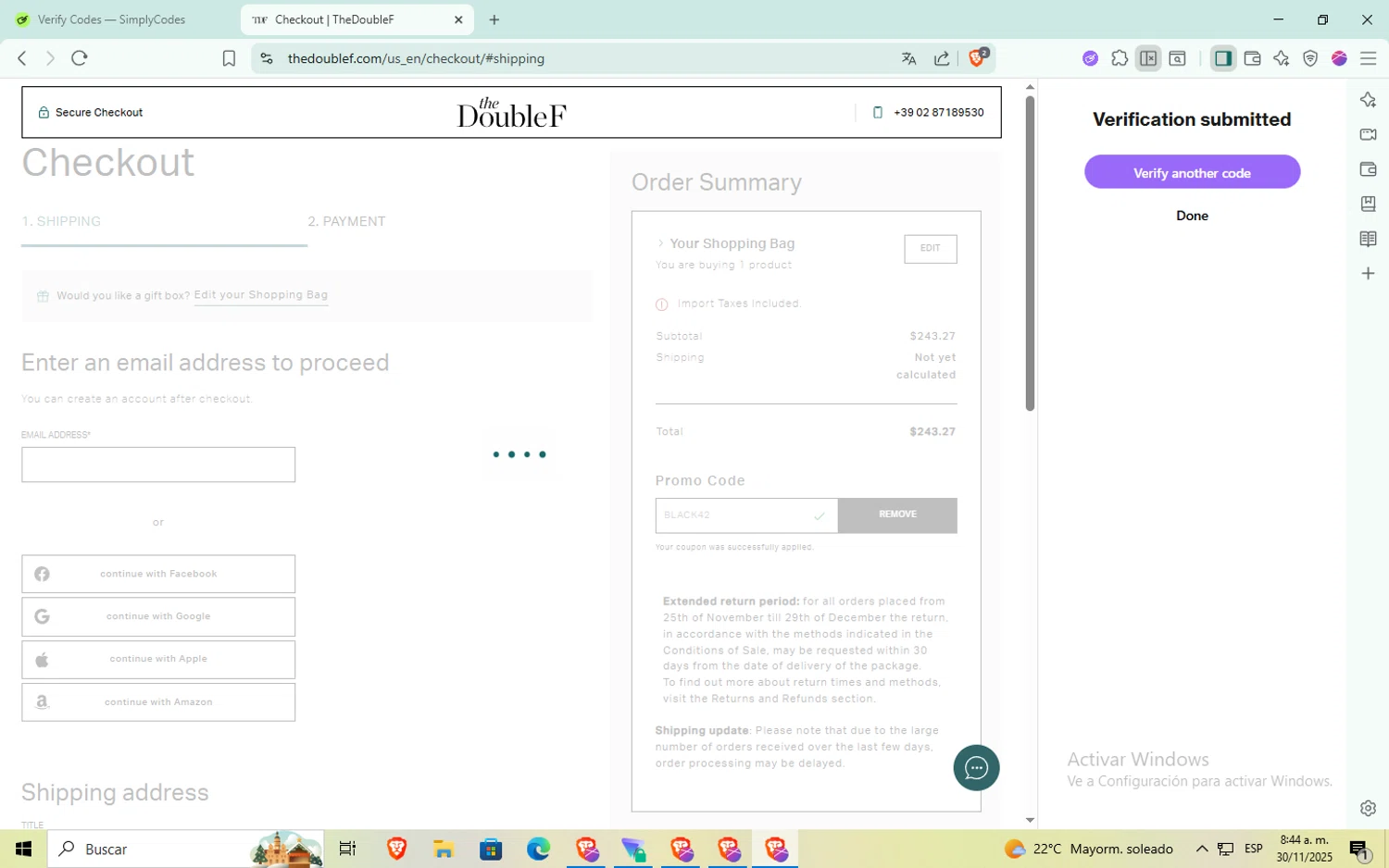 TheDoubleF checkout page showing TheDoubleF promo code box | Screenshot taken by SimplyCodes community member on Nov 30, 2025