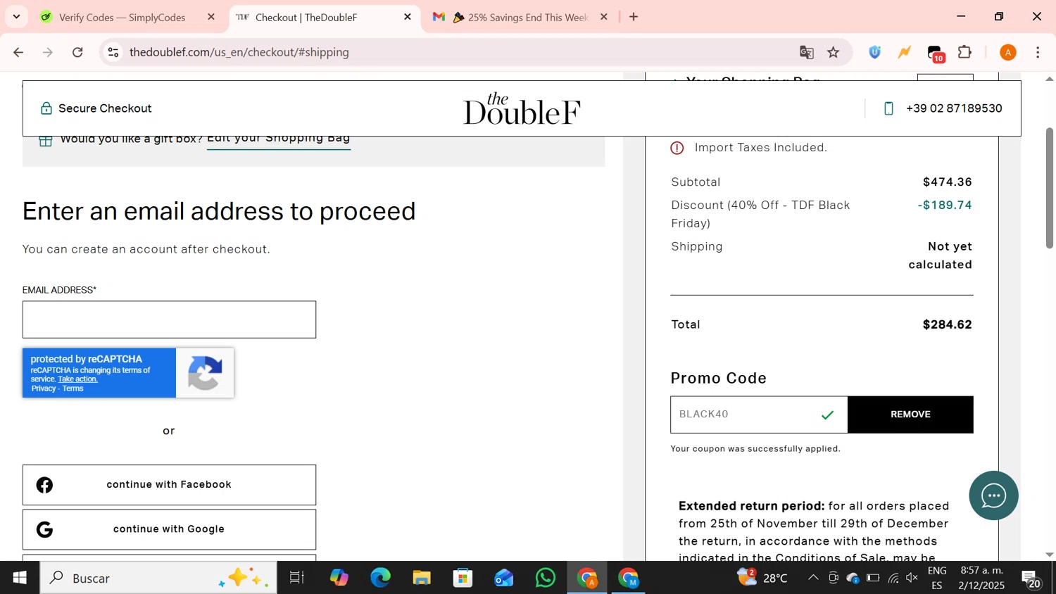 TheDoubleF checkout page showing TheDoubleF promo code box | Screenshot taken by SimplyCodes community member on Dec 2, 2025