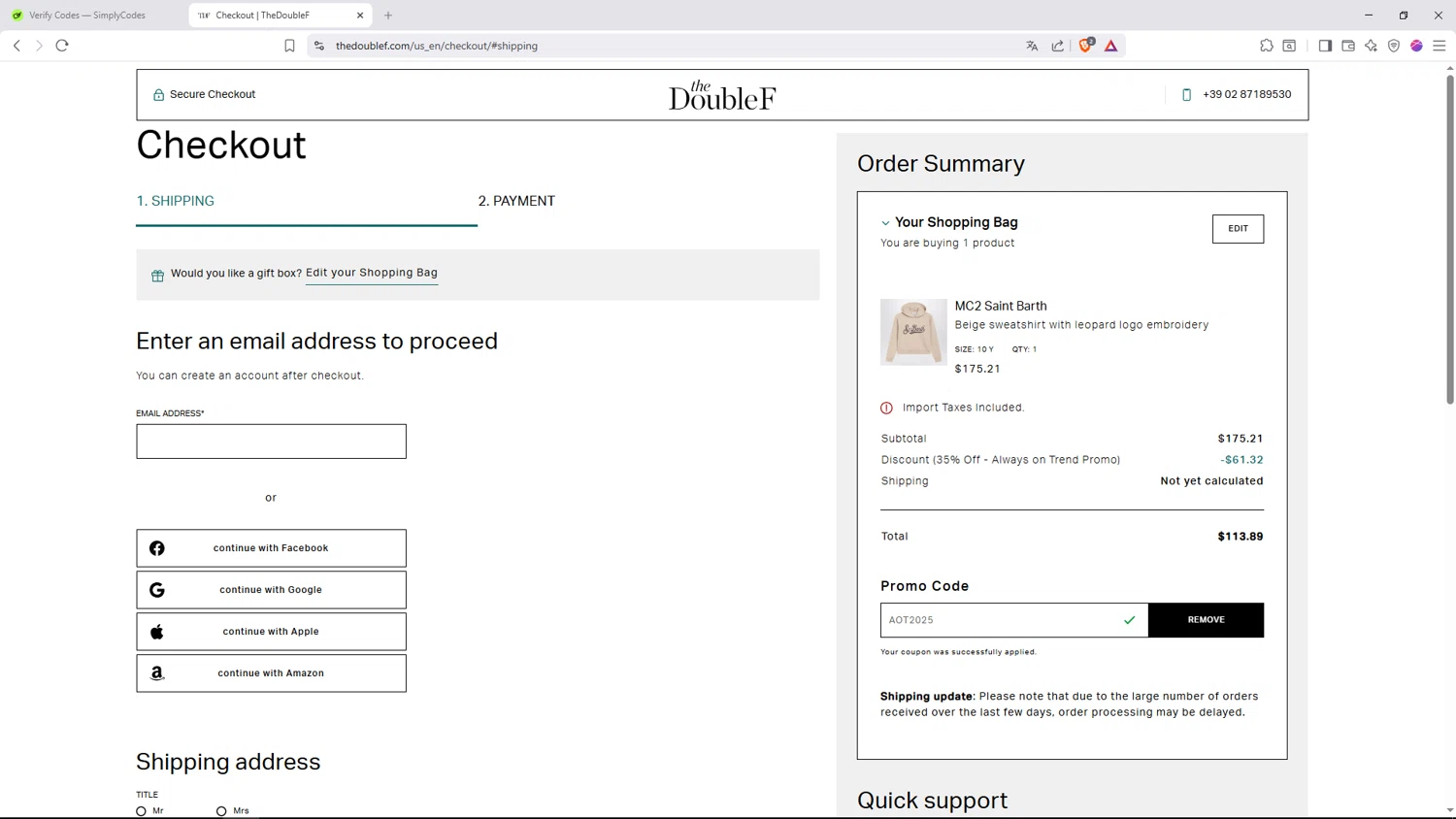 TheDoubleF promo code screenshot showing code AOT2025 applied at TheDoubleF checkout page. Uploaded by SimplyCodes community member Alaia2026 on Dec 30, 2025
