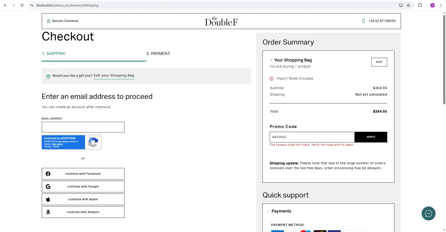 TheDoubleF promo code screenshot showing code AOT2025 applied at TheDoubleF checkout page. Uploaded by SimplyCodes community member megagei on Dec 30, 2025