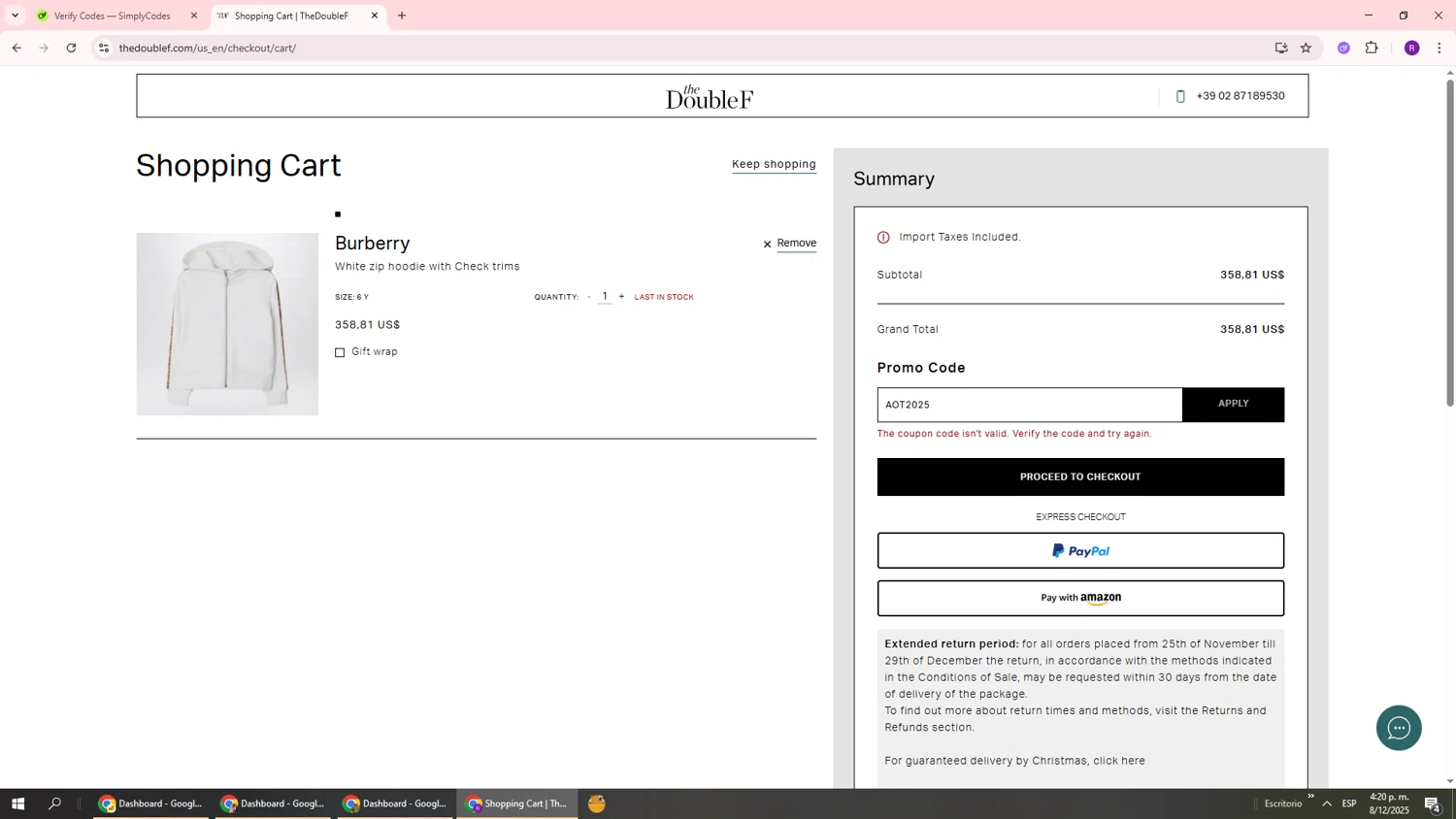TheDoubleF promo code screenshot showing code AOT2025 applied at TheDoubleF checkout page. Uploaded by SimplyCodes community member ukemochi on Dec 8, 2025