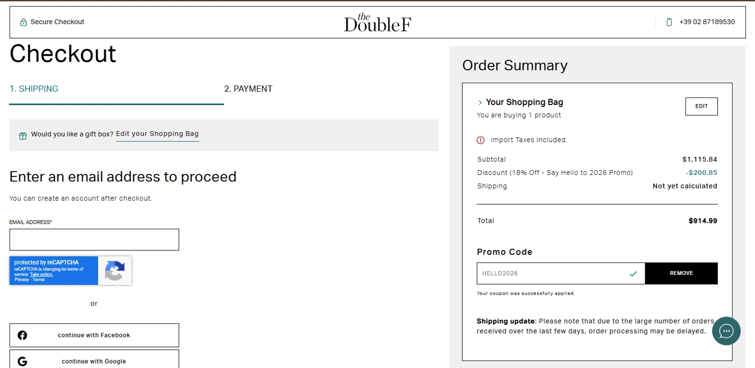 TheDoubleF checkout page showing TheDoubleF promo code box | Screenshot taken by SimplyCodes community member on Jan 12, 2026