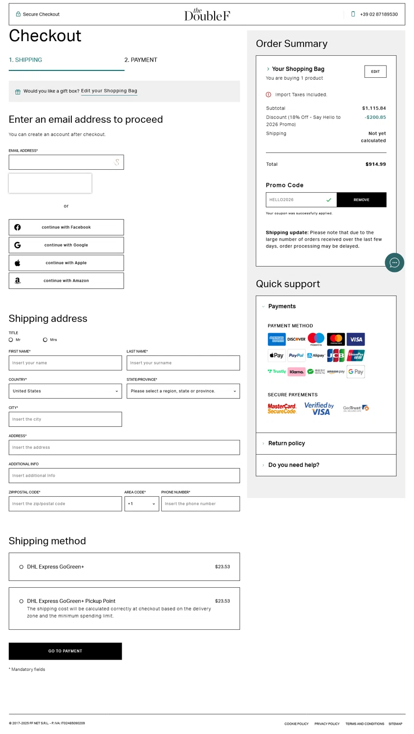 TheDoubleF checkout page showing TheDoubleF promo code box | Screenshot taken by SimplyCodes community member on Jan 12, 2026