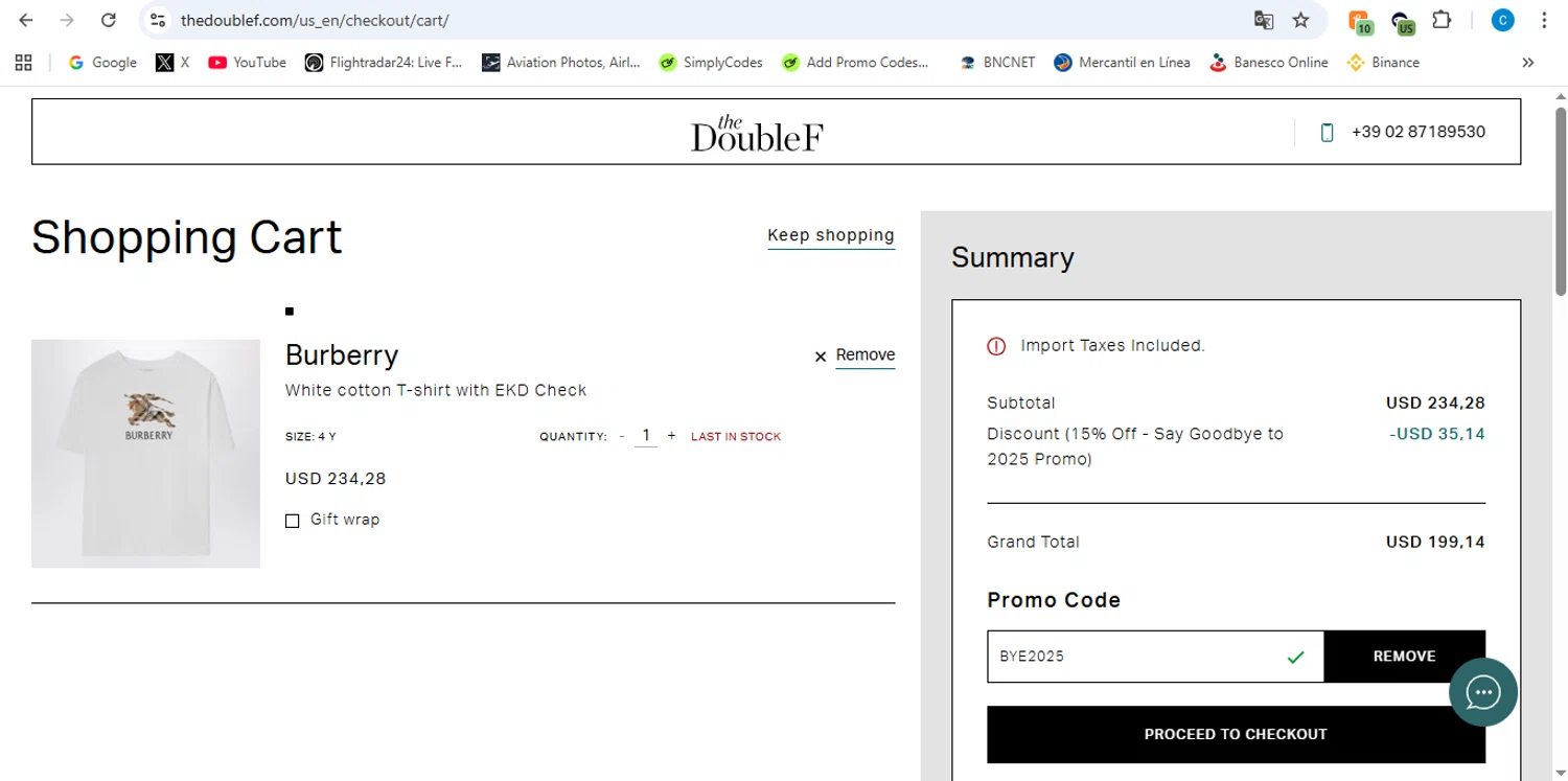 TheDoubleF promo code screenshot showing code BYE2025 applied at TheDoubleF checkout page. Uploaded by SimplyCodes community member victor on Dec 17, 2025